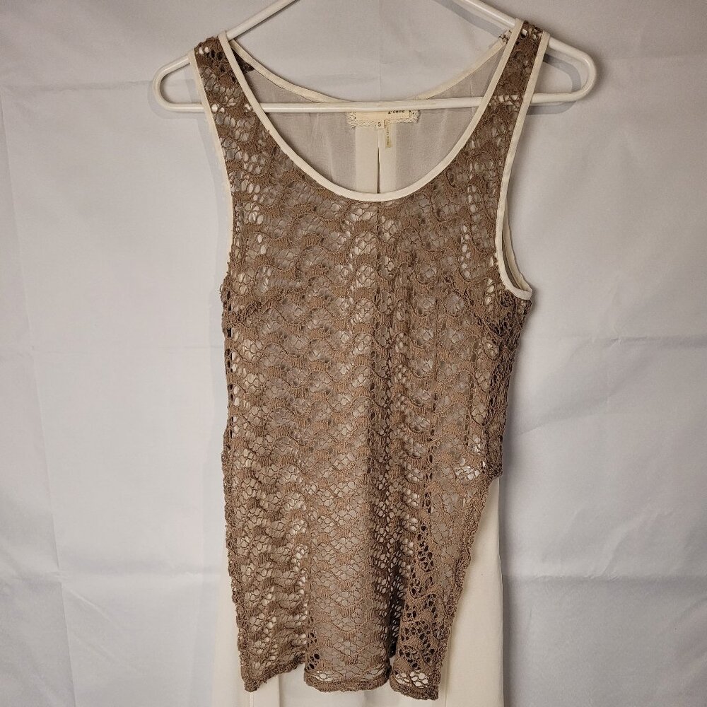 Anthropologie A’Reve White Tweed Sz Small boho Dress W/ Brown Crochet